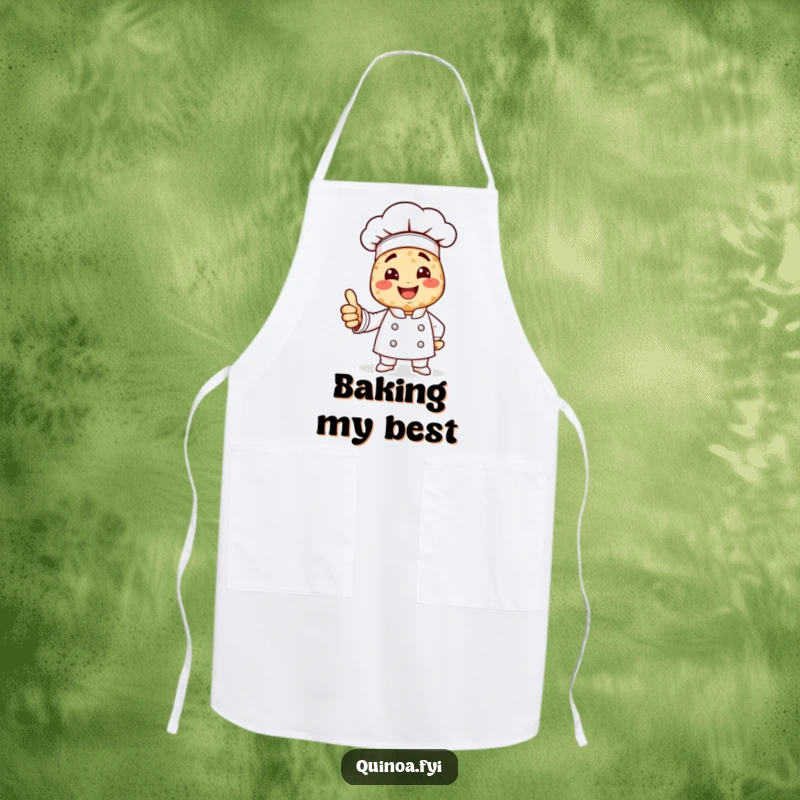 Funny quinoa chef apron: a smiling chef character made of quinoa gives a thumbs up during kitchen fun.