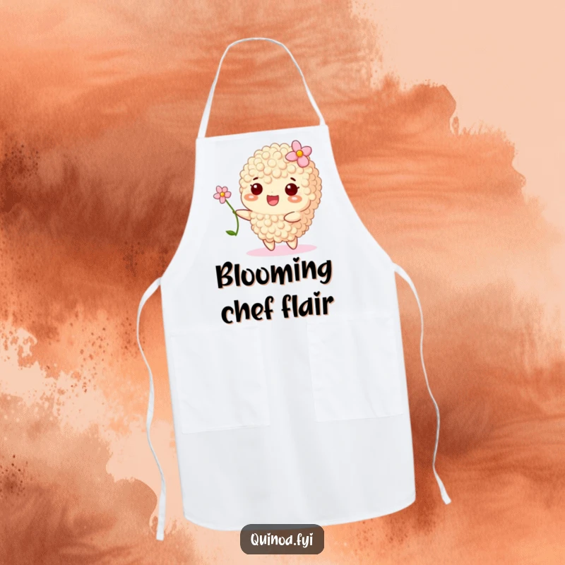 Funny apron illustration of a happy quinoa grain with a flower, swaying gently, a cheerful kitchen accessory.