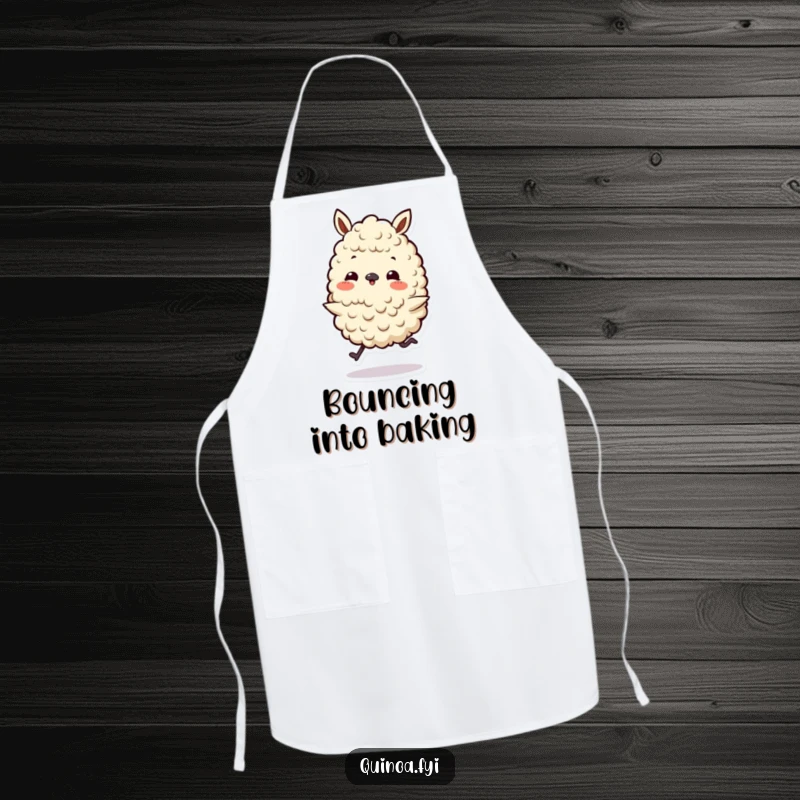 Funny apron with a playful quinoa character on tiny legs doing a happy skip, perfect for kitchen fun and cheerful cooking.