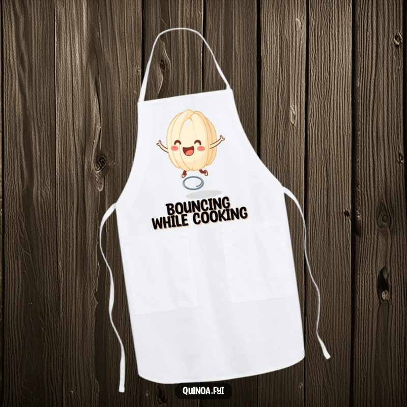 Funny cooking apron featuring a smiling anthropomorphic grain of rice joyfully bouncing on a spring, perfect for kitchen fun and happy cooking.