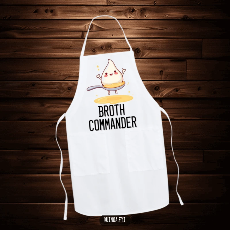 Funny apron featuring a joyful anthropomorphic broth droplet happily riding a miniature spoon, perfect for a humorous cook.