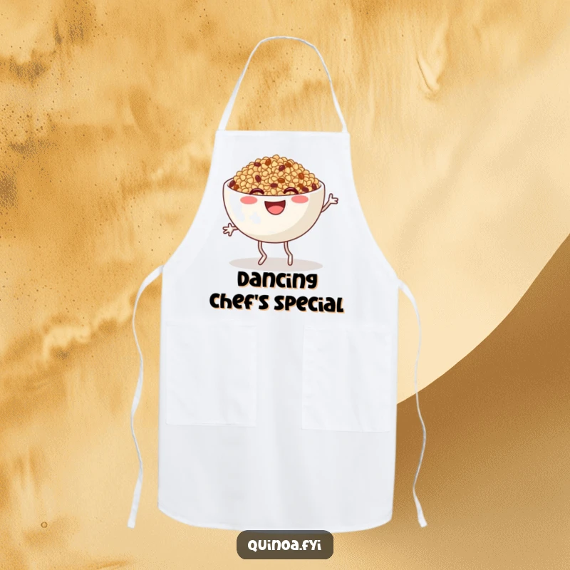Funny Quinoa Apron: A smiling anthropomorphic quinoa bowl with legs doing a joyful jig, perfect for cooking with a humorous twist.
