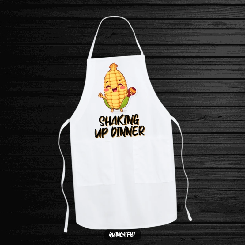 Funny cooking apron featuring a happy anthropomorphic corn kernel joyfully playing maracas, adding festive energy and humor to kitchen tasks.
