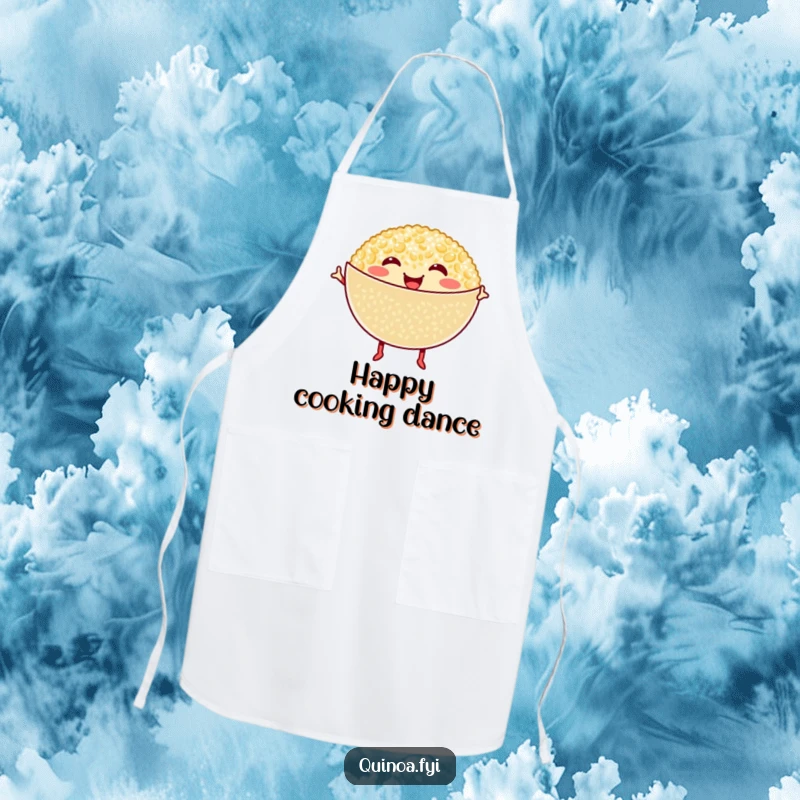 Funny Quinoa Apron: Smiling quinoa bowl with tiny legs dances joyfully, perfect for a fun and healthy cooking experience.