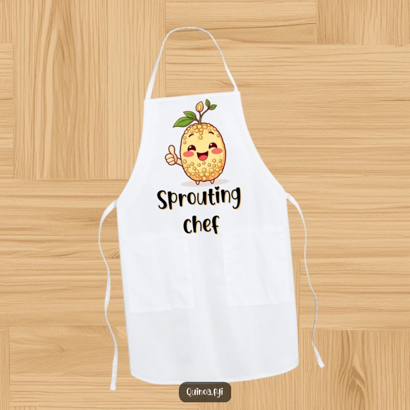 Funny apron depicting a happy quinoa character with a sprout, giving a thumbs-up, ideal for cooking with a positive attitude.