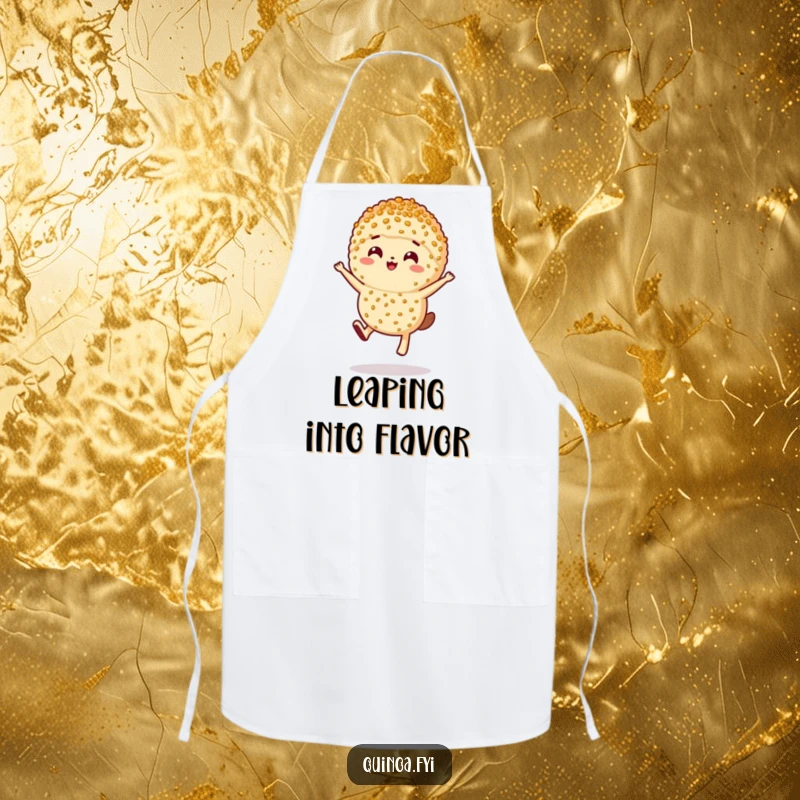Funny anthropomorphic serving of quinoa with a happy expression, leaping across this kitchen apron.