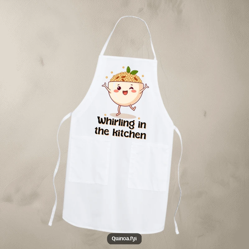 Funny cooking apron featuring a cheerful anthropomorphic quinoa bowl with legs doing cartwheels, adding humor and personality to kitchen tasks.