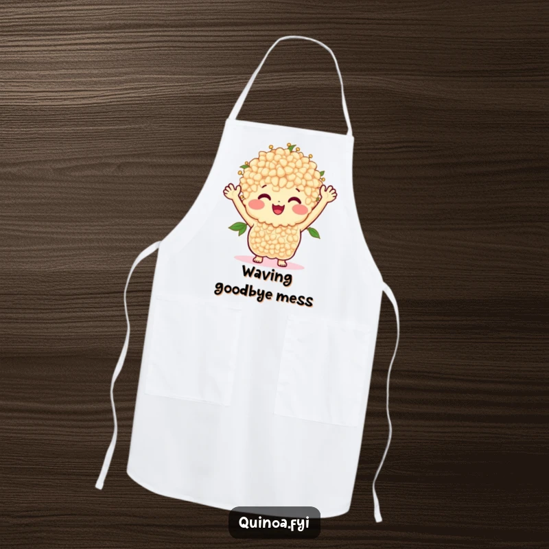 Funny apron showing a smiling bunch of quinoa with arms waving happily, ideal for a welcoming cook.