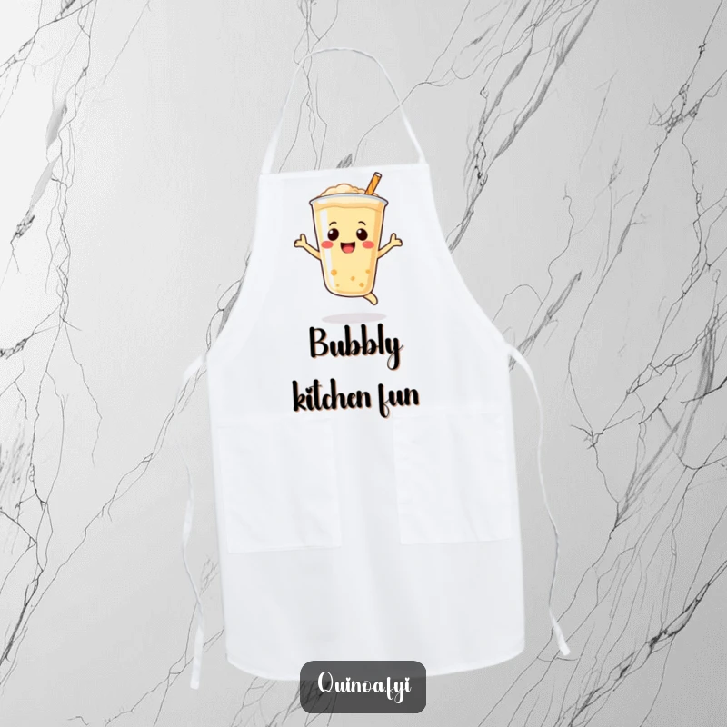 Funny Quinoa Drink Apron showcasing a bubbly smiley face character in an energetic leap, wonderful funny gift.