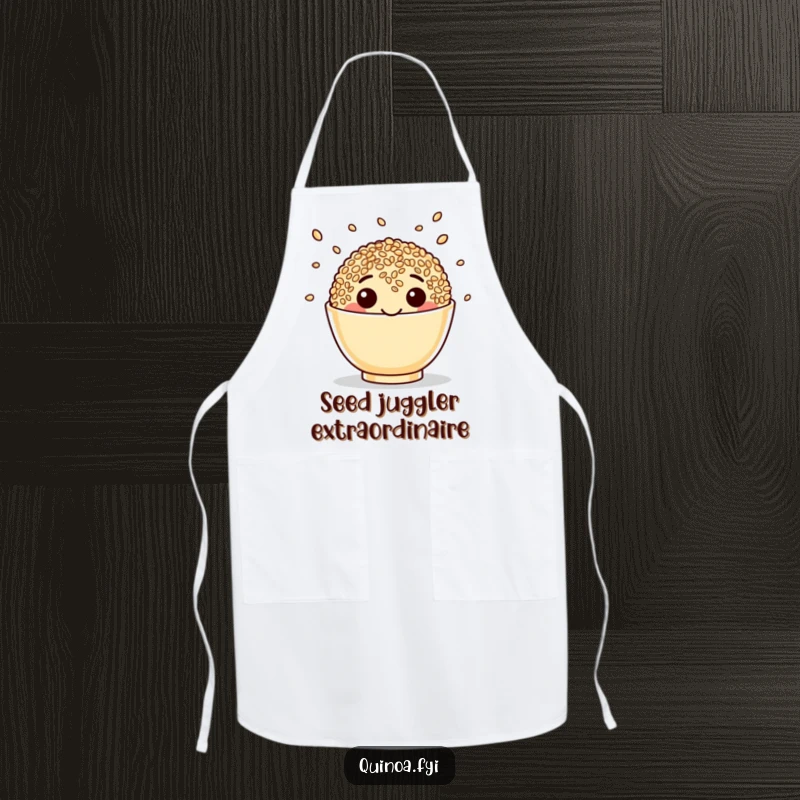 Funny Quinoa Apron with a beaming happy face juggling seeds, a humorous and practical kitchen accessory for food lovers.