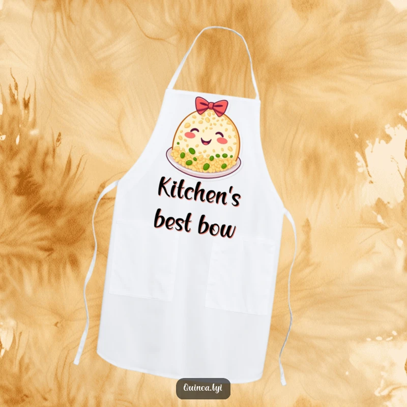 Funny Quinoa Plate Apron featuring a beaming, grinning plate of food bowing politely, wonderful funny gift.