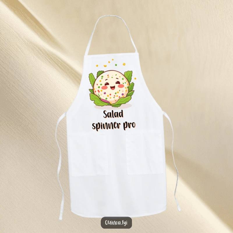 Funny quinoa salad apron: a happy salad with a cheerful expression, spinning playfully during kitchen fun.