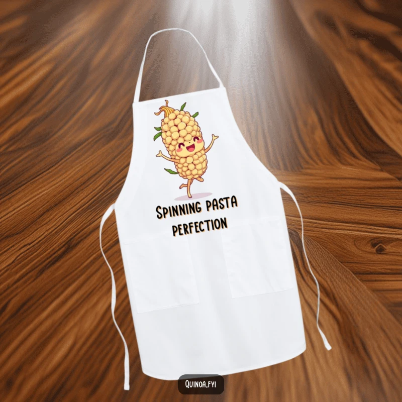 Funny apron featuring a jovial quinoa stalk character performing a flamboyant twirl, perfect for kitchen fun and stylish cooking.