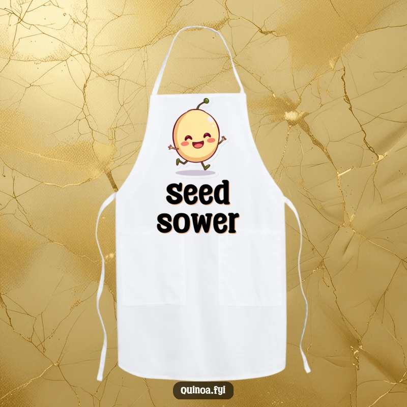 Funny apron featuring a smiling anthropomorphic seed doing a playful hop, ideal for a cheerful and humorous cook.
