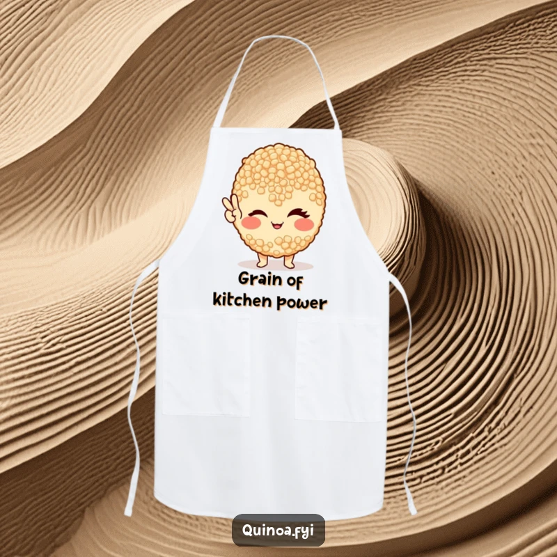 Funny apron illustration of a winking quinoa grain giving a peace sign, perfect for a healthy kitchen.