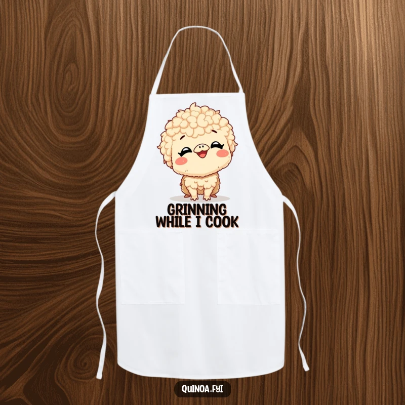 Funny apron with a giggling quinoa creature with a very large, excited smile, perfect for kitchen fun and cheerful cooking.