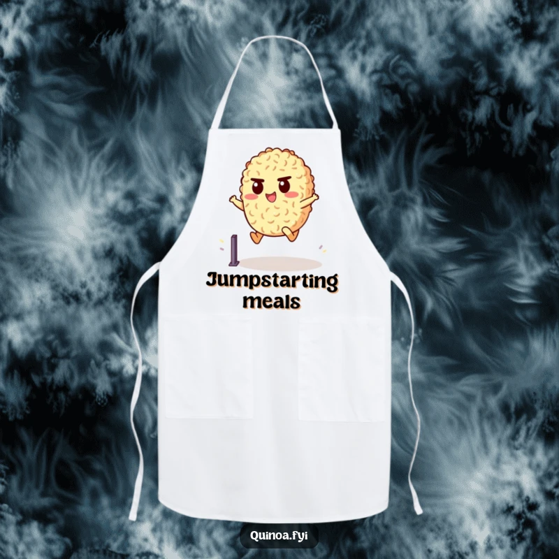 Funny Apron showcasing a determined quinoa character leaping over a hurdle, adding humor and motivation to any cooking session.
