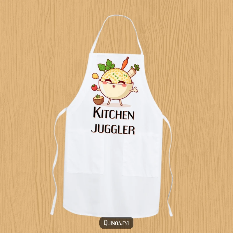 Funny apron depicting a winking quinoa bowl character juggling three small cooking ingredients, ideal for multi-tasking chefs.