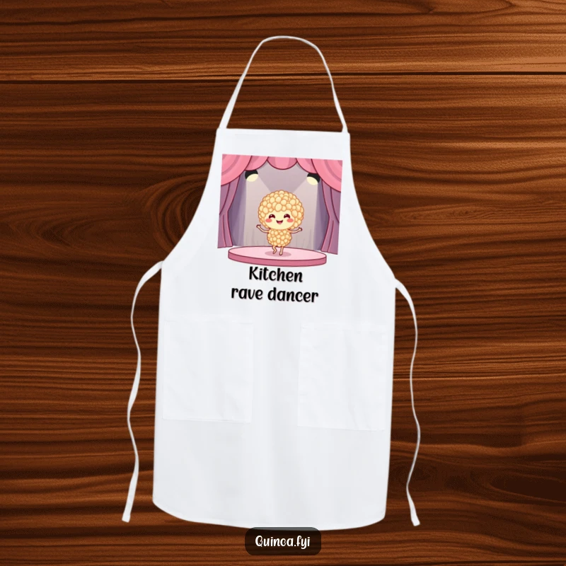 Funny quinoa dancer apron depicting a smiling quinoa grain cluster in a lively dance pose, ready to bring humor to the kitchen.