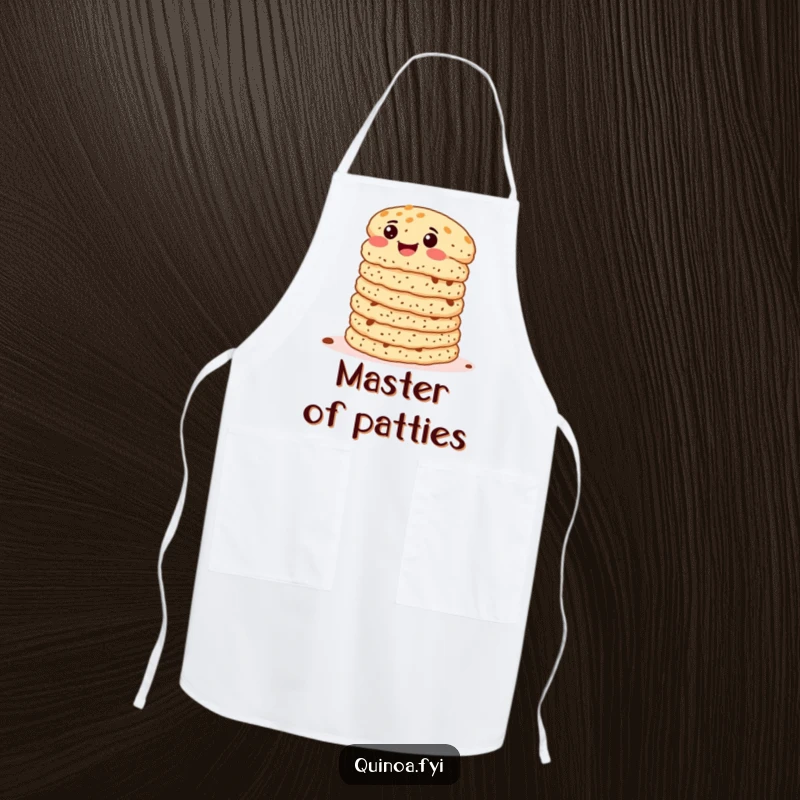 Funny Quinoa Patties Apron showing a delighted stack of patties wiggling with glee, a humorous and practical kitchen accessory.