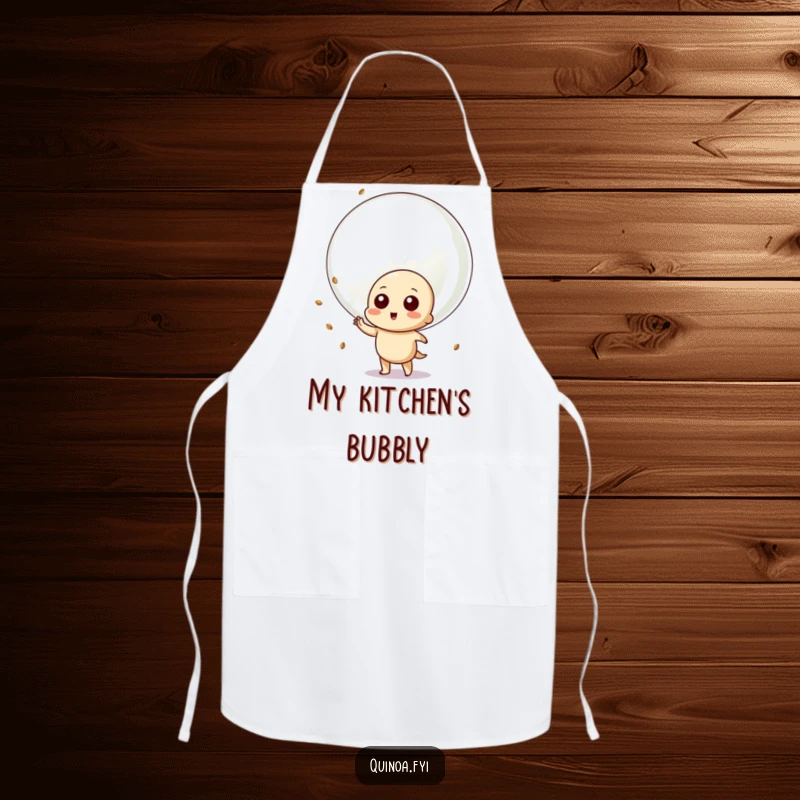 Funny apron with a playful quinoa character about to blow a giant bubble with quinoa seeds, ideal for a fun and cheerful kitchen.
