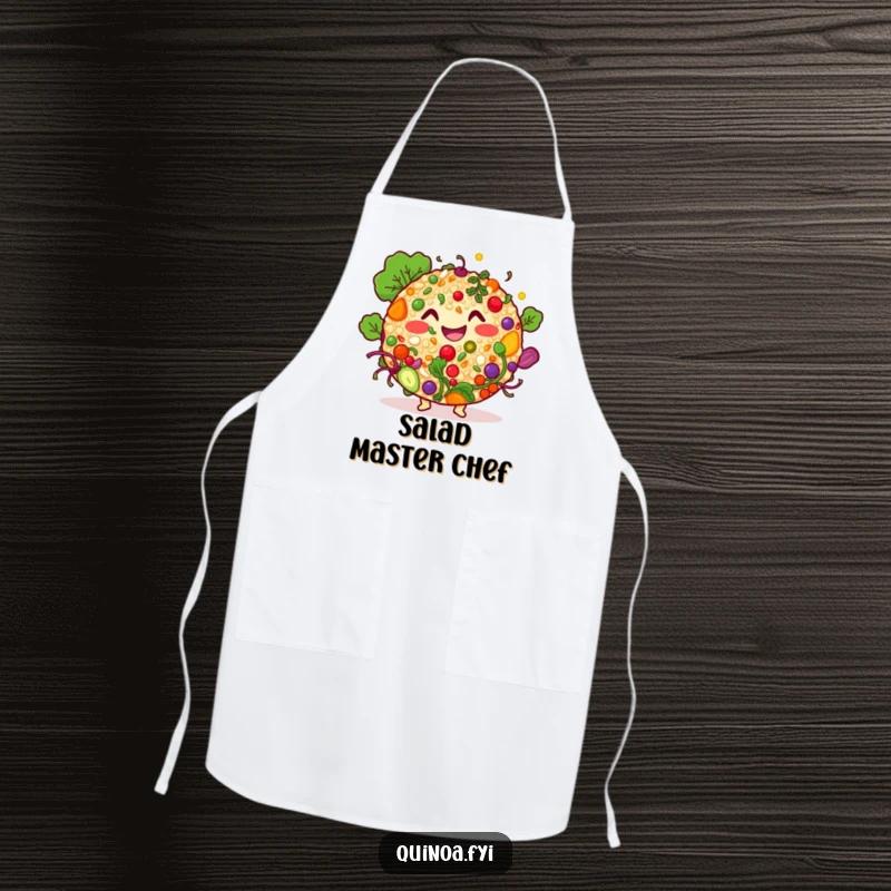 Funny quinoa salad character apron, showcasing a smiling bowl of colorful ingredients, ready for kitchen adventures with humor.