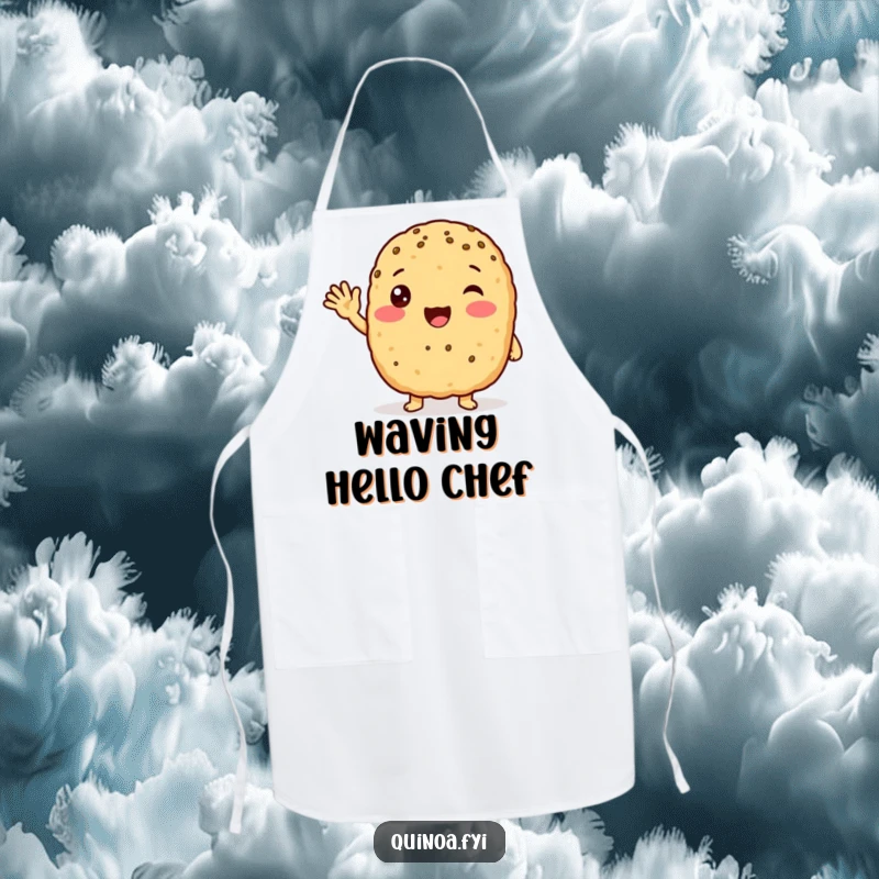 Funny anthropomorphic quinoa patty with a friendly wave, looking excited apron, making cooking a joyful and welcoming experience.