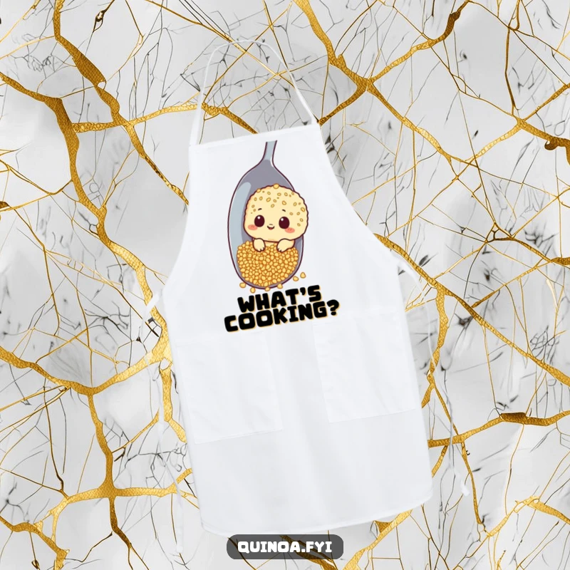 Funny apron with a curious quinoa character peeking around a giant spoon, making cooking an inquisitive adventure.