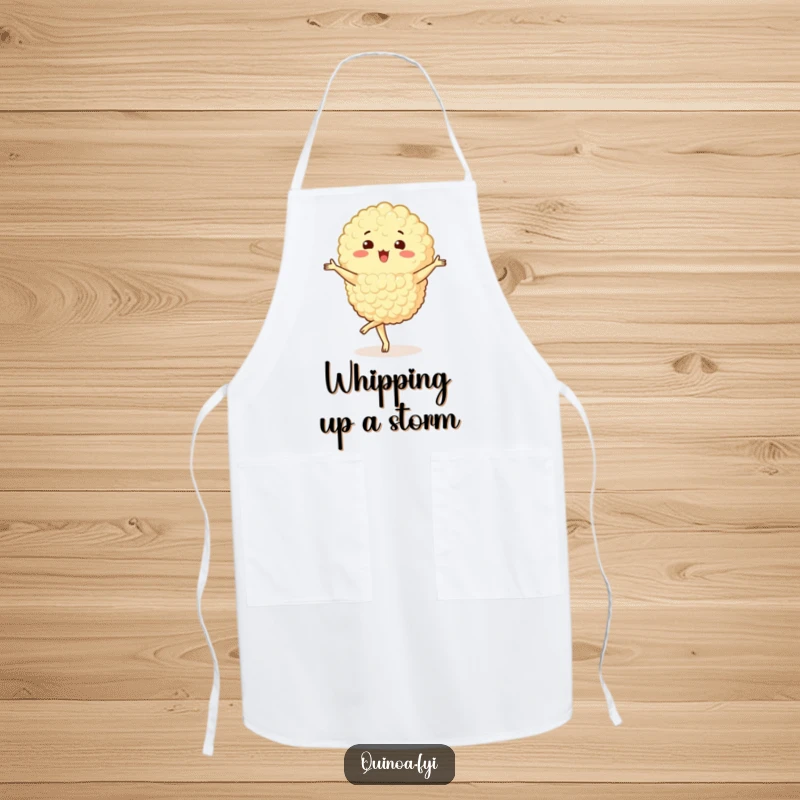 Funny Quinoa Cluster Apron showing a happy character performing a pirouette, ideal for keeping clean with a touch of kitchen artistry.