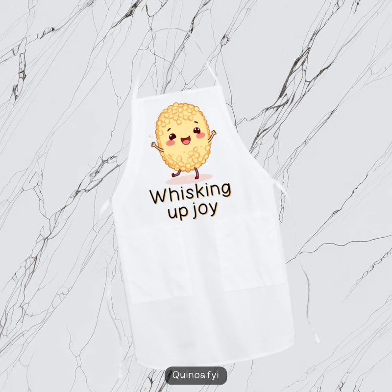 Funny Apron featuring a happy quinoa grain doing a jig while cooking, combining practicality with a humorous and cheerful food theme.