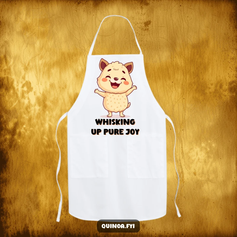Funny Quinoa Apron showing a smiling anthropomorphic quinoa blend doing a jubilant happy dance, ideal for culinary fun and messes.