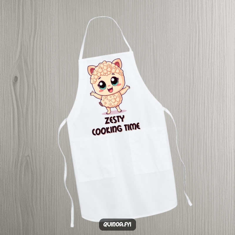Funny Apron: Cheerful quinoa character dancing with zest, ready for kitchen fun with humor.