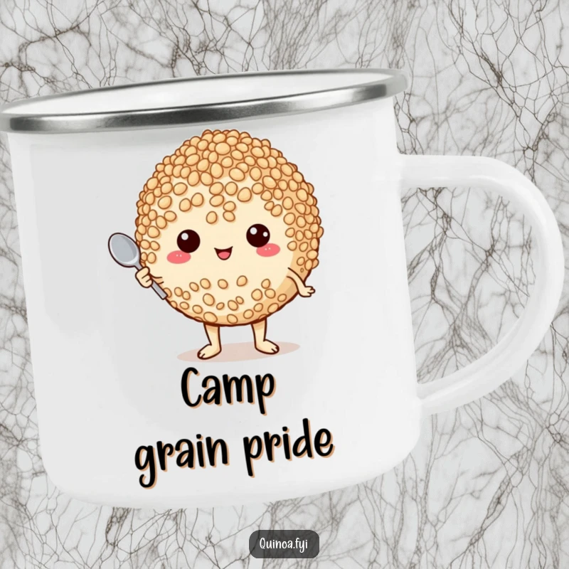Funny camping mug showing a proud quinoa character holding a tiny spoon, perfect for outdoor cooking with humor.