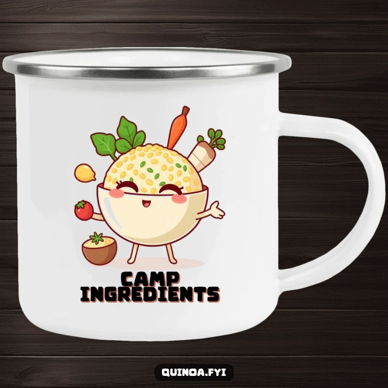 Funny camping mug showing a winking quinoa bowl character juggling ingredients, perfect for outdoor cooking with humor.