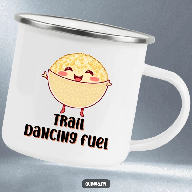 Funny Quinoa Camping Mug: Smiling quinoa bowl with tiny legs dances happily, designed for outdoor adventures and healthy humor.