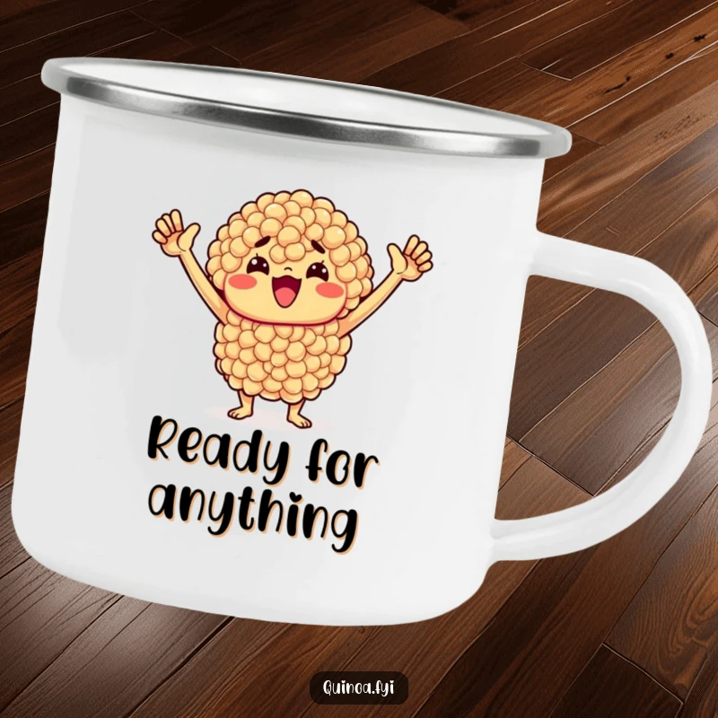 Funny Quinoa Camping Mug: Determined quinoa cluster with raised arms signifies motivation for outdoor pursuits and healthy living.