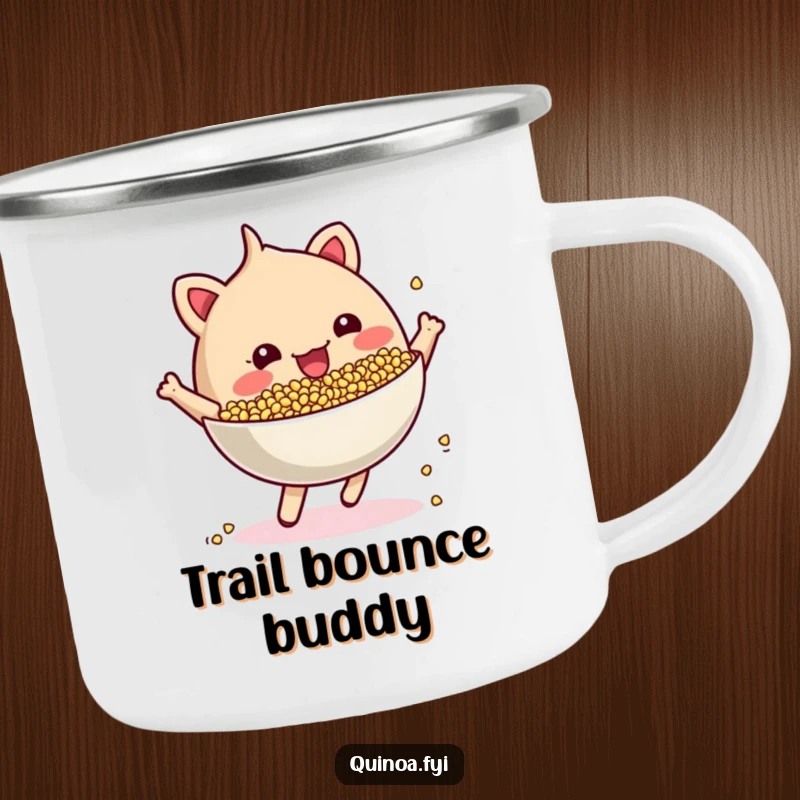 Funny cheerful, anthropomorphic quinoa bowl bouncing energetically camping mug, perfect for enjoying beverages during outdoor activities with a playful touch.