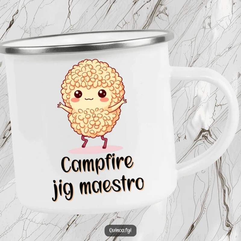 Funny camping mug featuring a dancing quinoa cluster with little legs doing a cheerful jig.