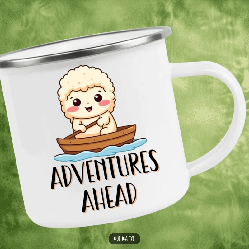 Funny camping mug showing a determined quinoa character rowing a small boat, ready for any outdoor challenge.