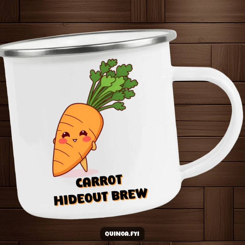 Funny camping mug featuring a giggling quinoa grain peeking playfully from behind a giant carrot.