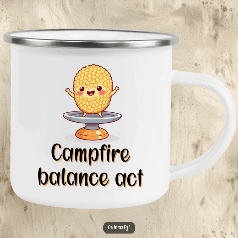 Funny Quinoa Camping Mug: A happy quinoa grain character balancing on a small spinning plate, perfect for enjoying drinks outdoors with humor.