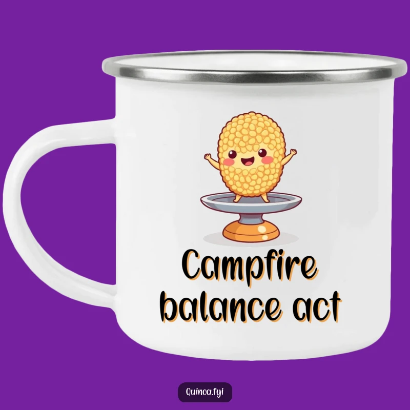 Funny Quinoa Balance Camping Mug: Adventure-Ready Grain Character, Humorous Outdoor Gift