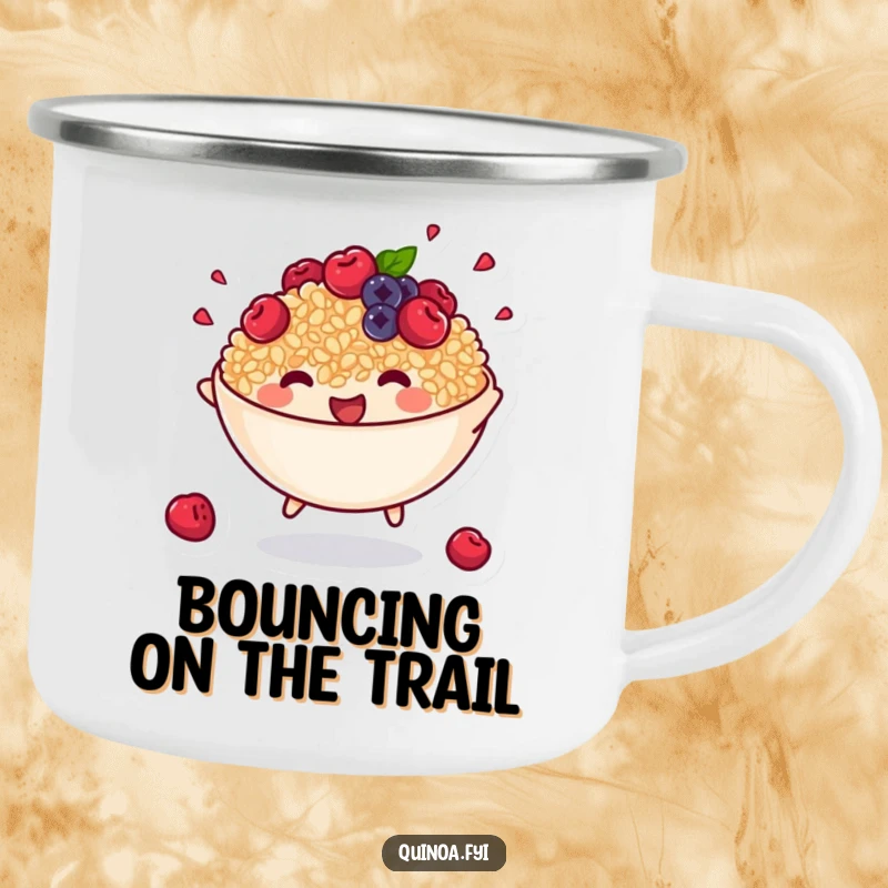 Funny camping mug with an anthropomorphic bowl of cooked quinoa with tiny berries joyfully bouncing, perfect for outdoor energy.