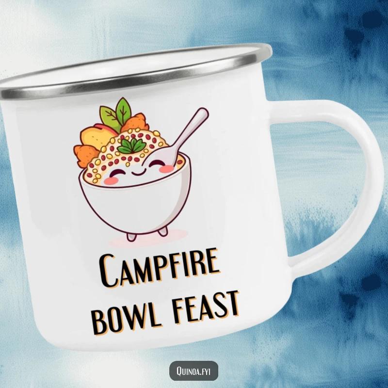 Funny camping mug featuring a smiling quinoa bowl character with a playful spoon, perfect for outdoor enjoyment.