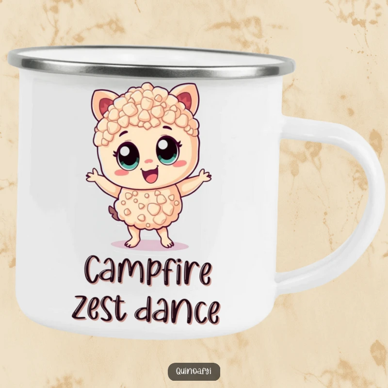Funny Camping Mug: Cheerful quinoa character dancing with zest, perfect for outdoor enjoyment.