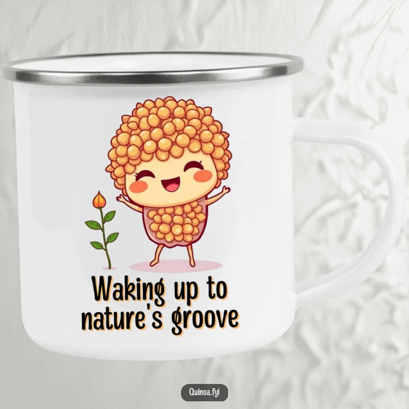 Funny Quinoa Dance Camping Mug: A joyful quinoa character dancing near a campfire with a tiny sprout, perfect for outdoor laughs.