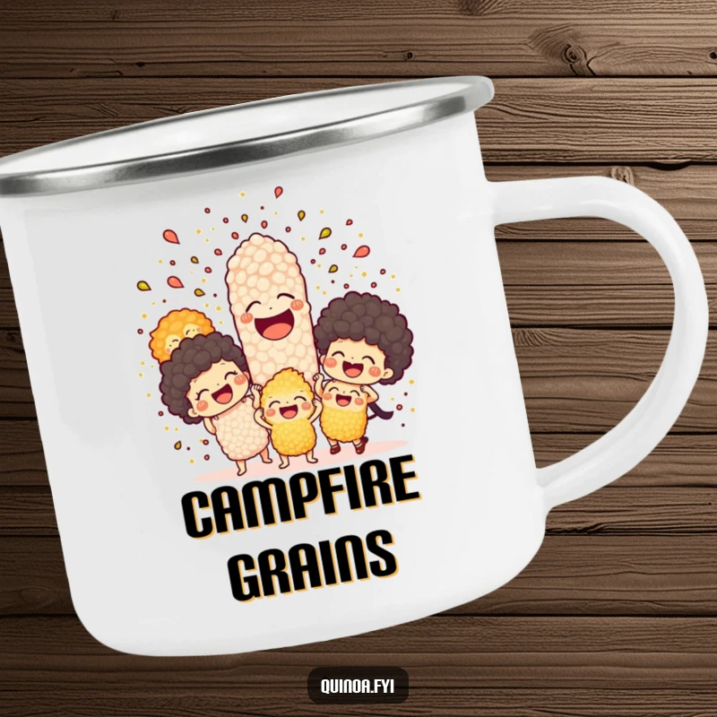 Funny camping mug showing a joyful explosion of quinoa characters erupting with laughter, perfect for outdoor enthusiasts with a sense of humor.