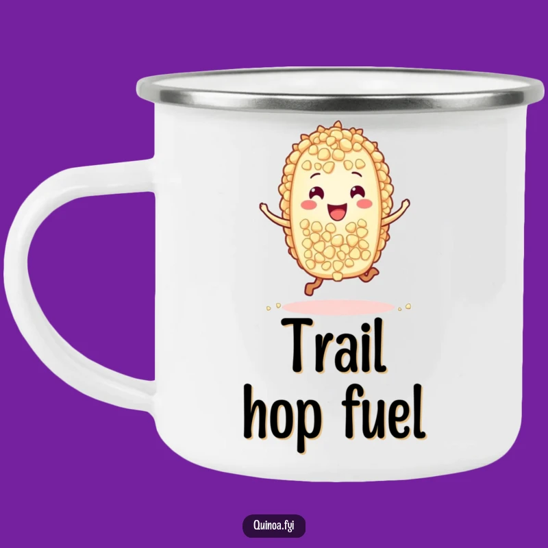 Funny Quinoa Hop Camping Mug: Enjoy Outdoors with a Joyful Grain Character