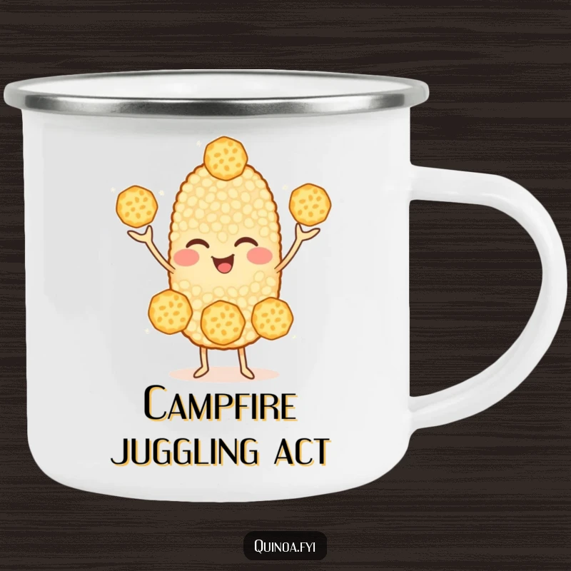Funny Quinoa Camping Mug: A cheerful quinoa character juggling three smaller grains with a wink, perfect for outdoor drinks and amusement.