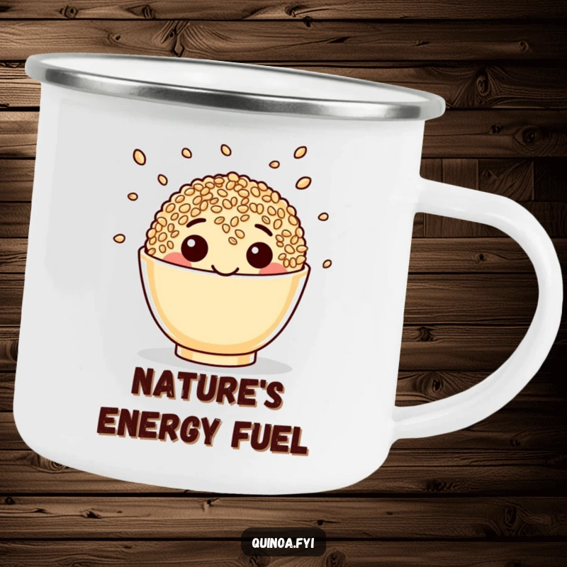 Funny Quinoa Camping Mug with a beaming happy face juggling seeds, ideal for outdoor enjoyment and witty conversations.